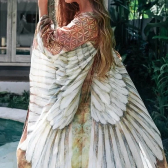 Bohemian Feather Wings Geo Print Kimono Beach Cover up - Picture 11 of 13